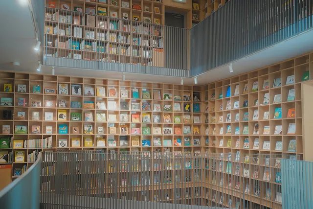 Wooden bookshelves at the Nakanoshima library in Osaka